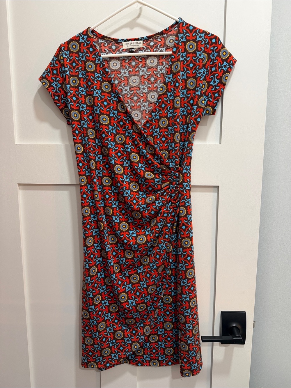 Dharma Bums Red Patterned Wrap-Style Dress with Blue and Yellow Accents